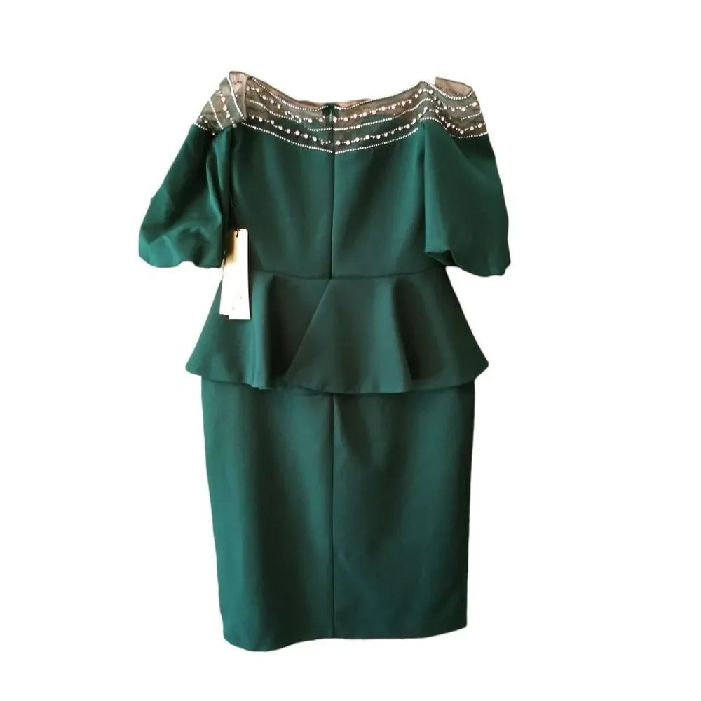Odrella‎ Rhinestone Mesh Peplum Puffer Sleeve Dress UK 12/ US 10 Women's
